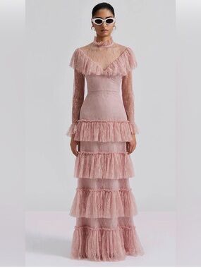 By Malina Elegant Pink Tiered Lace Maxi Dress
